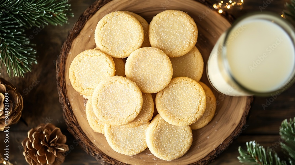 Golden Sugar Cookies with Sprinkles, Rustic Wooden Platter, Warm Glass of Milk, Festive Treats, Homemade Bakery Style, Cozy Dessert Scene Golden Sugar Cookies with Sprinkles, Rustic Wooden Platter, Warm Glass of Milk, Festive Treats, Homemade Bakery Style, Cozy Dessert Scene