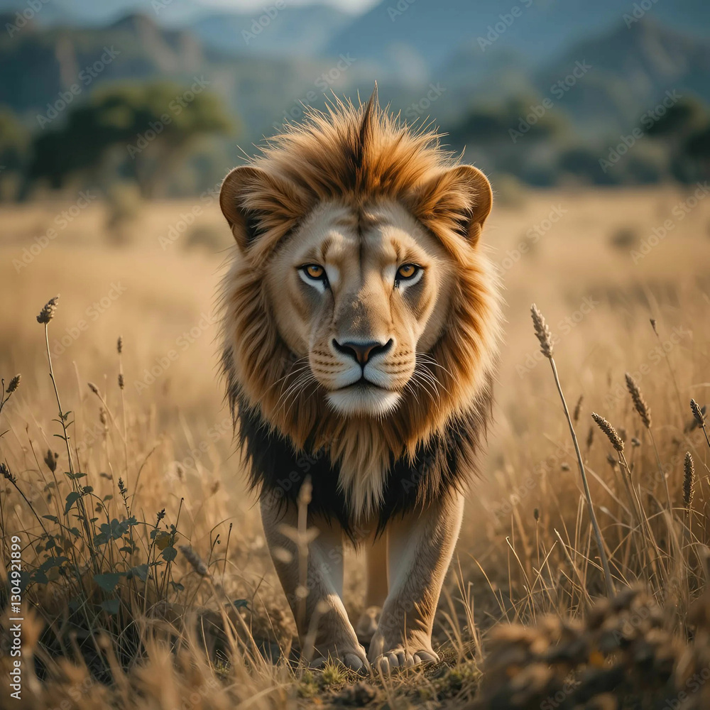 Fototapeta premium A majestic view of a lion in the wild, its golden mane glowing under the sun, exuding strength and grace.