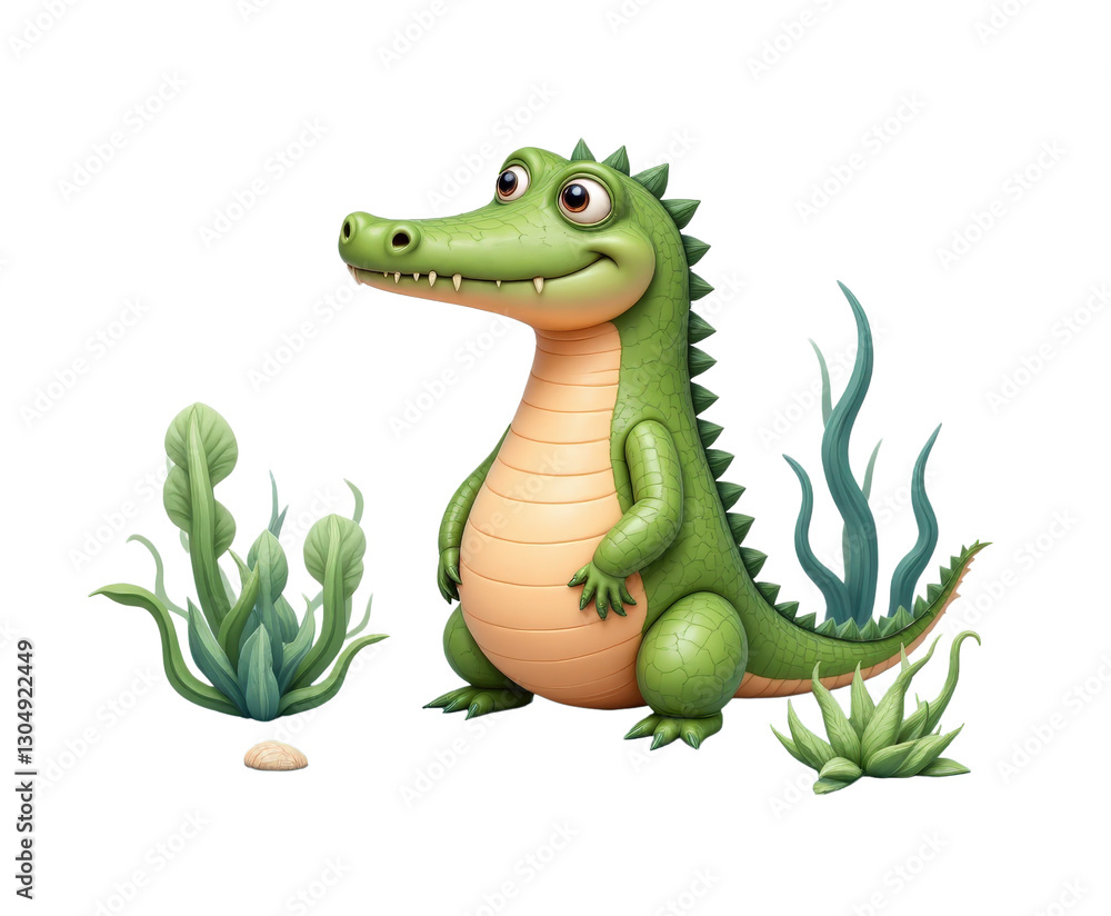 Naklejka premium Cartoon Alligator Standing in Water with Plants, Transparent Background