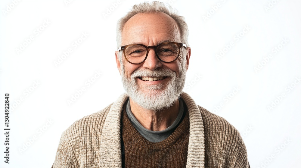 A happy senior man with a well-groomed beard, wearing glasses and a cardigan, looking relaxed A happy senior man with a well-groomed beard, wearing glasses and a cardigan, looking relaxed