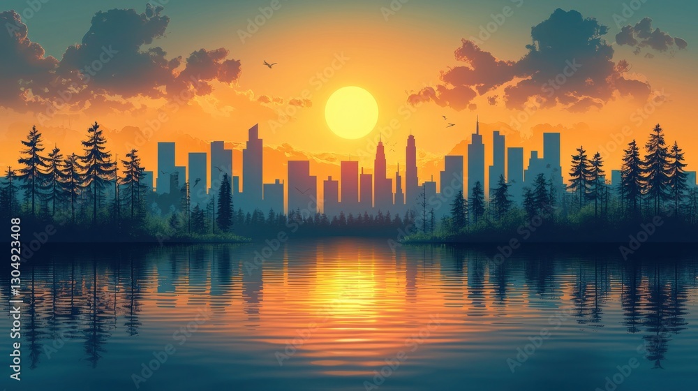 Serene Urban Sunset Reflection over Calm Lake with Silhouetted Cityscape and Trees Serene Urban Sunset Reflection over Calm Lake with Silhouetted Cityscape and Trees