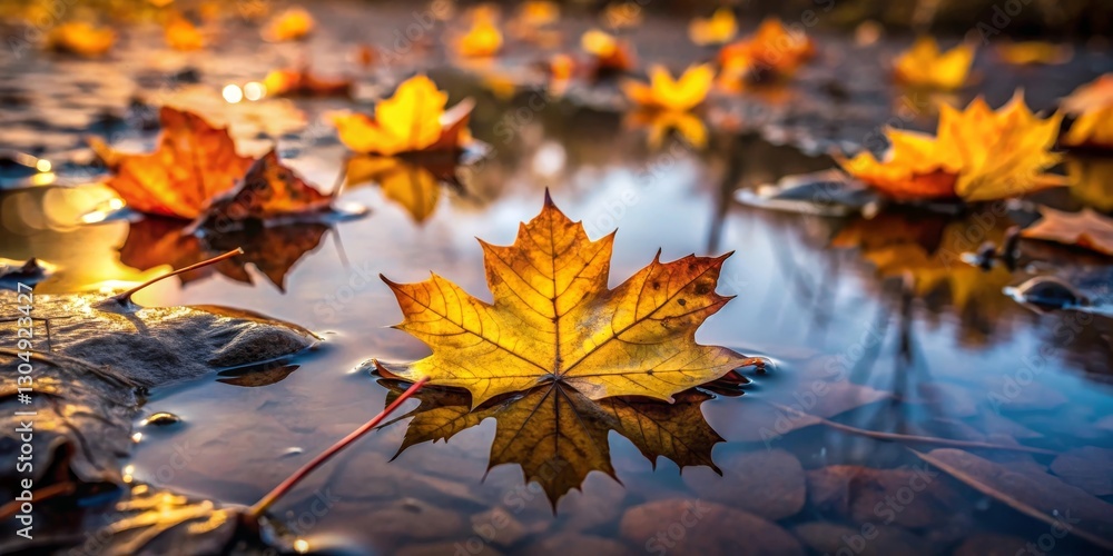 Golden Autumn Leaf Floating on Calm Water Reflecting the Warm Hues of the Season Golden Autumn Leaf Floating on Calm Water Reflecting the Warm Hues of the Season