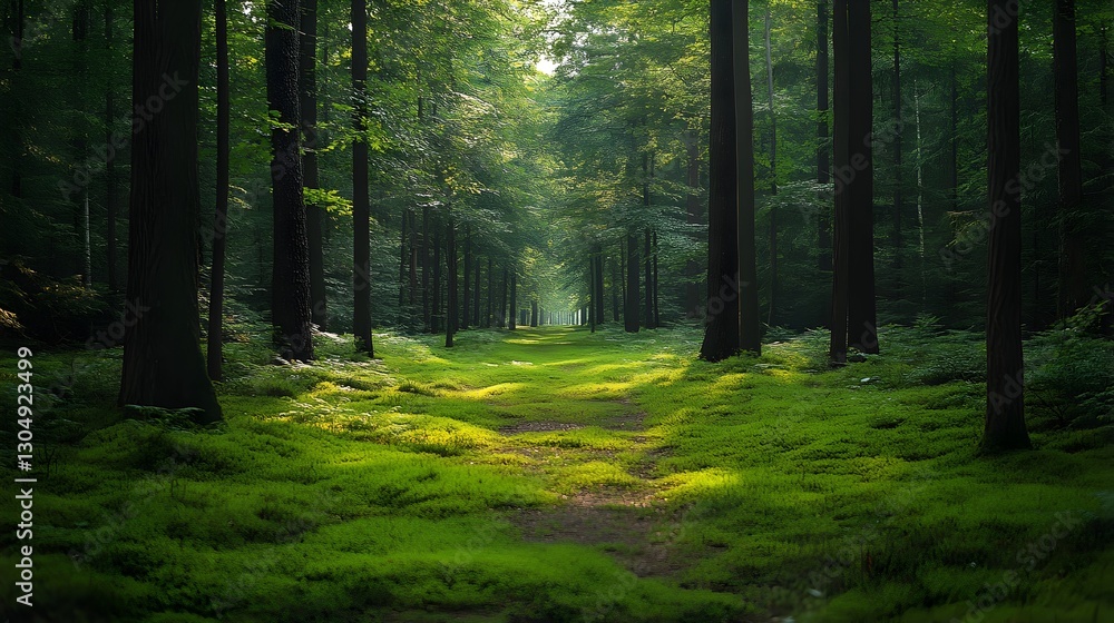 Obraz premium A serene forest path inviting exploration through lush greenery and towering trees