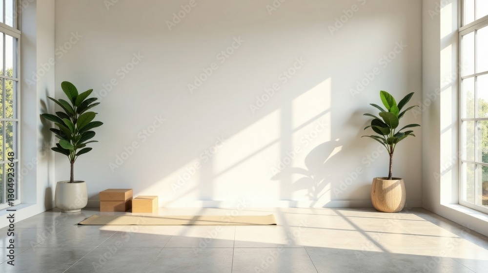 Serene Minimalist Room Interior Design with Sunlight Streaming Through Large Windows, Featuring Potted Plants and Stacked Cardboard Boxes on Light Grey Floor Serene Minimalist Room Interior Design with Sunlight Streaming Through Large Windows, Featuring Potted Plants and Stacked Cardboard Boxes on Light Grey Floor