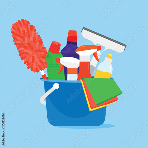 Cleaning Supplies in a Bucket – Vector Illustration,Bright and detailed illustration of a cleaning supplies bucket filled with various cleaning products, spray bottles, sponges, cloths, and brushes