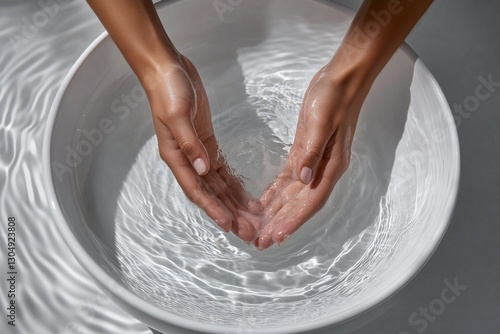 Hands washing with water in a bowl, gentle ripples, hygiene and freshness