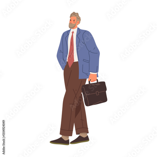 Man wearing formal clothes and carrying briefcase in hands walking calmly. Vector isolated businessman going to work or meeting. Strolling personage going from job, confident male character