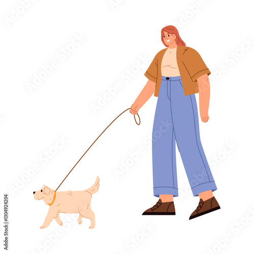 Female personage walking and resting with pet animal. Vector isolated flat cartoon character with dog on leash. Strolling girl with smiling facial expression and doggy wagging tail happily