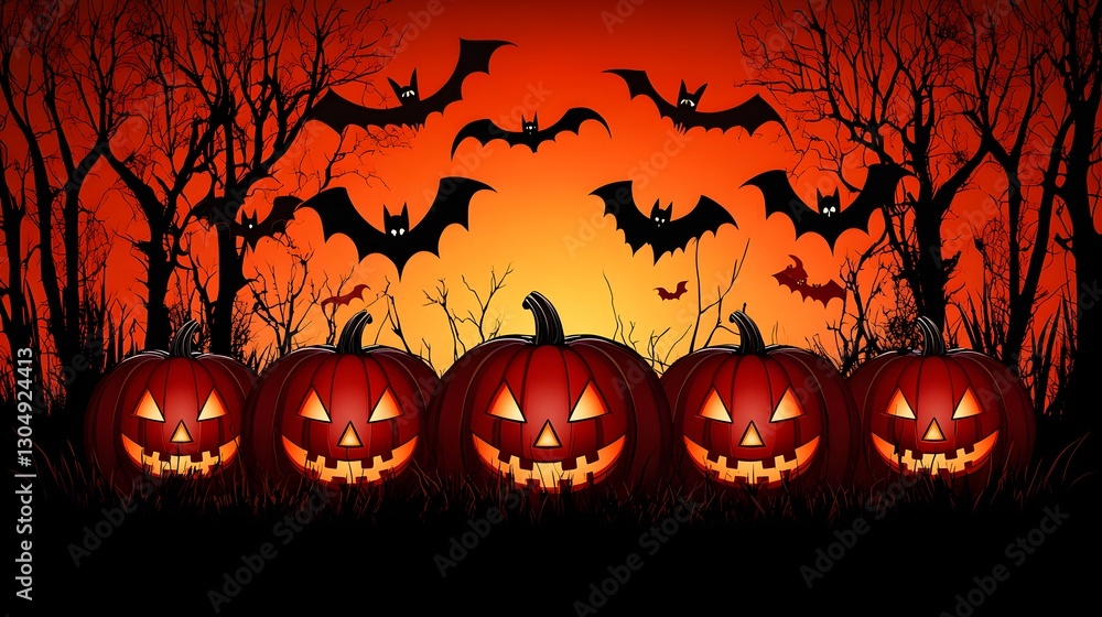 Spooky Halloween Scene with Carved Pumpkins Bats and a Black Cat Silhouetted Against an Orange Sunset Spooky Halloween Scene with Carved Pumpkins Bats and a Black Cat Silhouetted Against an Orange Sunset