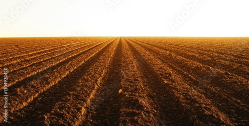 Plowed field at sunrise, rows of soil.