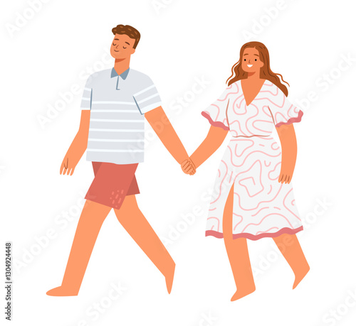 Married couple strolling, people exploring new places and enjoying nature together. Vector summertime activity and leisure, happy romantic couple walking or pairs of men and women on date