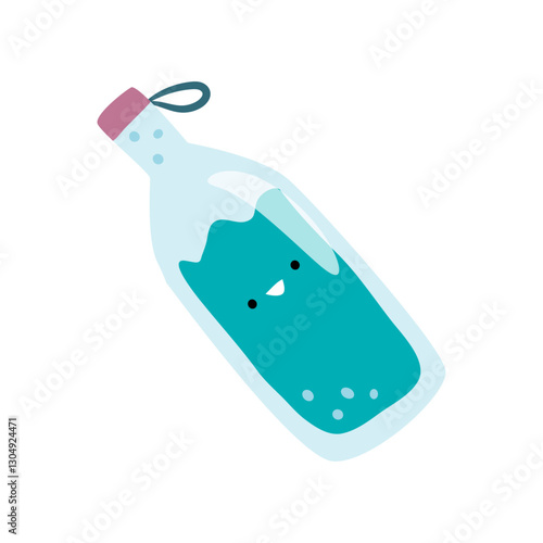 Bottle with water, cute smiling summer character. Vector isolated mascot or personage in form of container with rope on lid, comfortable vacation and resting. Hydration and drinking in hot season