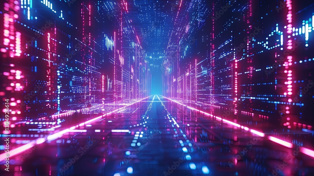 A futuristic tunnel of neon lights and digital data flow A futuristic tunnel of neon lights and digital data flow