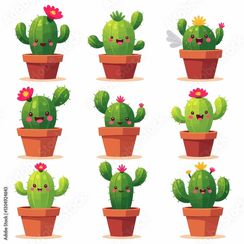 Nine smiling, stylized cartoon cacti with flowers in terracotta pots