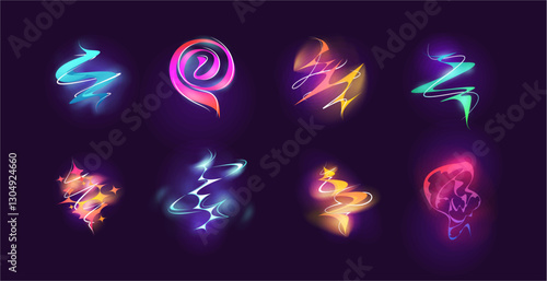 Neon swirl, wind effect twirl. Vector air or wave wind flows collection. Magic light of wand spell. Glow trail, dream power steam motion. Magician, wizard or fairy light, shiny trace