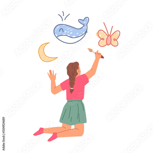 Creative kid drawing images on wall, isolated child personage with brush and paint. Vector kiddo making image of whale, butterfly and moon. Artistic and draw skills development in school