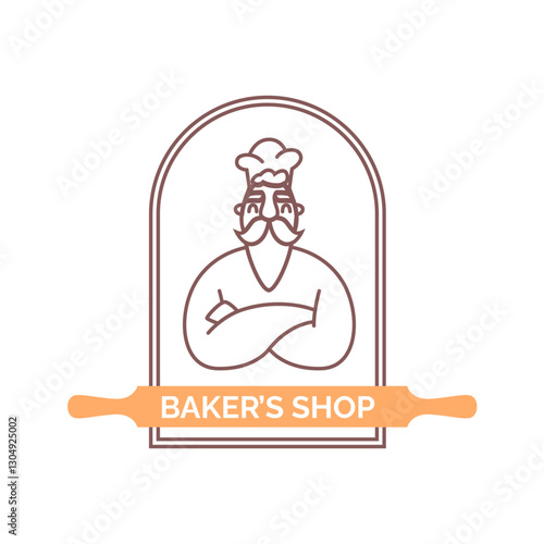 Chef and rolling pin, bakers shop logotype with owner or seller wearing hat. Vector isolated logo or emblem for products, sticker or badge for local business. Retro minimalist stamp for bakery