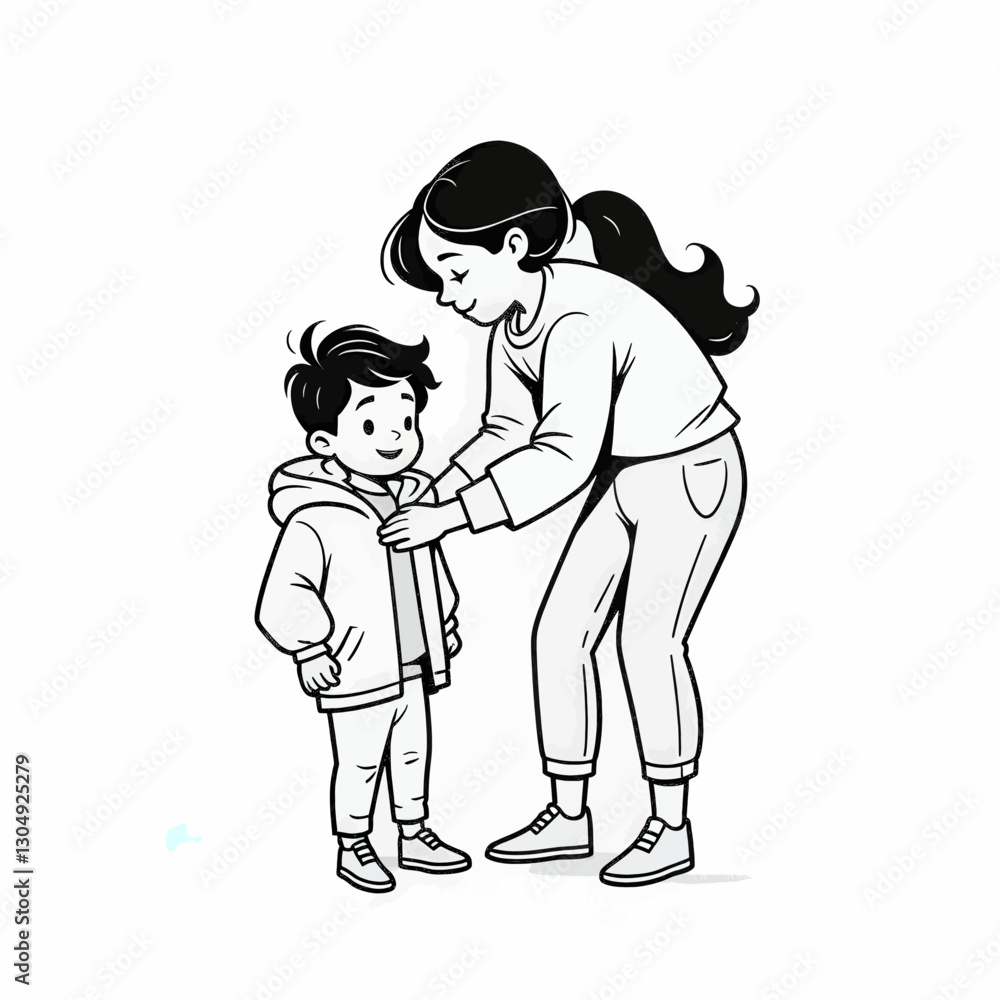 Monochrome mother buttoning jacket on her small child Monochrome mother buttoning jacket on her small child