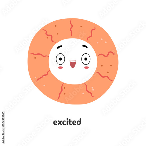 Round shaped cartoon character with excited facial expression, abstract cute face mascot with blush. Vector isolated personage in form of circle showing emotions. Sticker, or