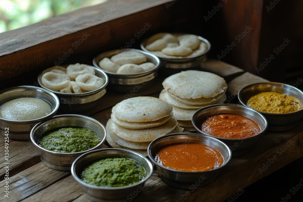 Delicious South Indian Idli Sambar and Chutney Platter on Rustic Wooden Tabletop Close Up Food Photography Delicious South Indian Idli Sambar and Chutney Platter on Rustic Wooden Tabletop Close Up Food Photography