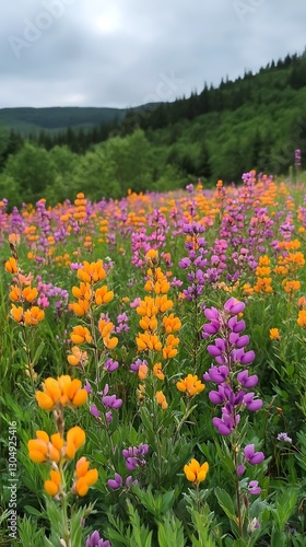 Flowers bloom on hillside near forested mountains