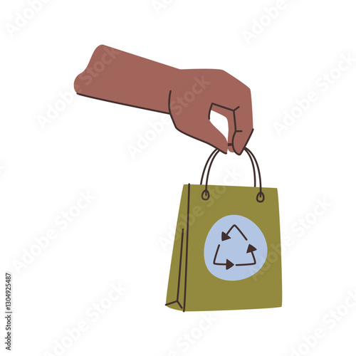 Hand holding bang made from recycling materials. Vector isolated paper or plastic package with circle and arrows signs. Ecological and sustainable living, environmental care and protection