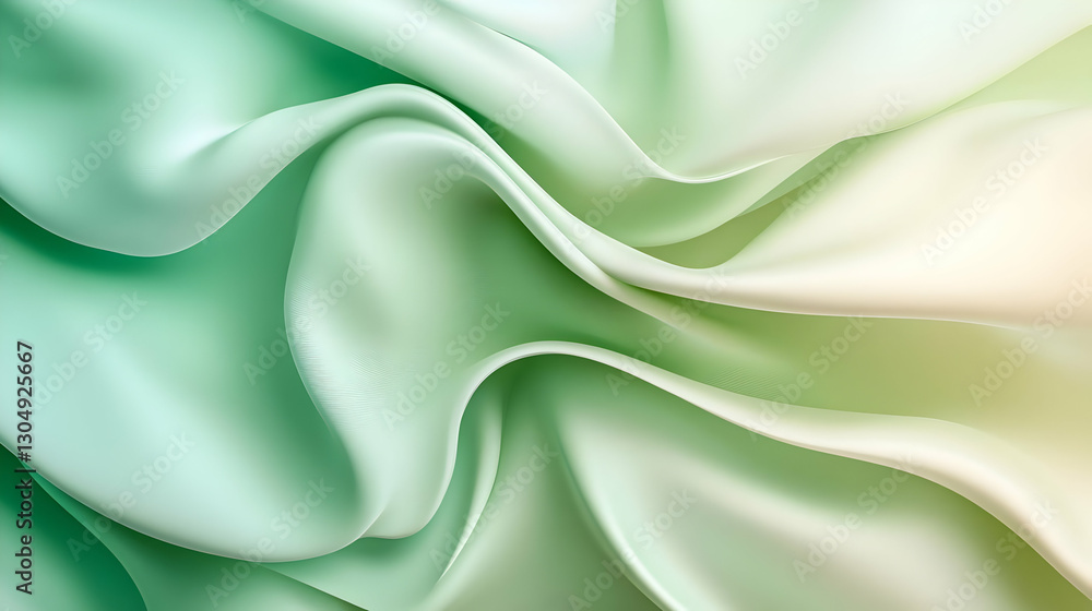 Fototapeta premium Elegant silk fabric in soft green hues, flowing smoothly with a luxurious sheen and undulating textures, perfect for backgrounds.
