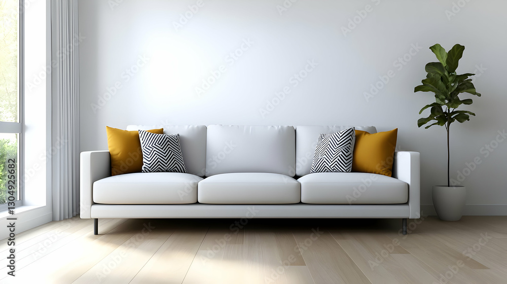 Elegant living room featuring a modern white sofa with colorful pillows, complemented by a potted plant and natural light. Elegant living room featuring a modern white sofa with colorful pillows, complemented by a potted plant and natural light.