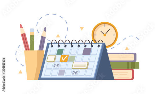 Calendar or planner with memos, meetings and dates with tasks and priority. Vector isolated organizer on table with textbooks, clock and pencils on cup. Business tools for productivity boost