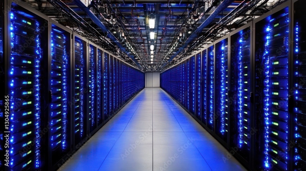 Obraz premium Data Center Corridor: Rows of Servers Glowing with Blue Lights