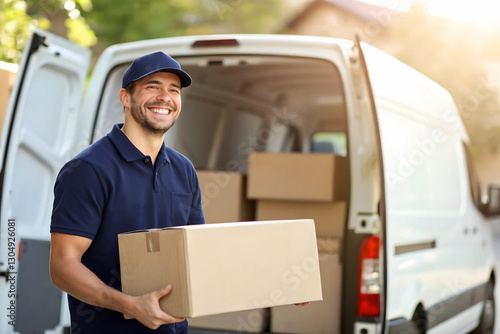 Delivery man delivering holding parcel box to customer 
