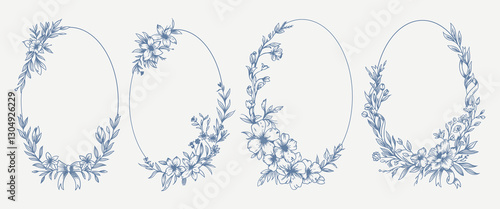 Botanical blue wedding frame or wreath on white background. Hand drawn floral, flower, leaf branch in toile de jouy style. Line art for wedding, monogram, invitation, greeting, logo, birthday cards