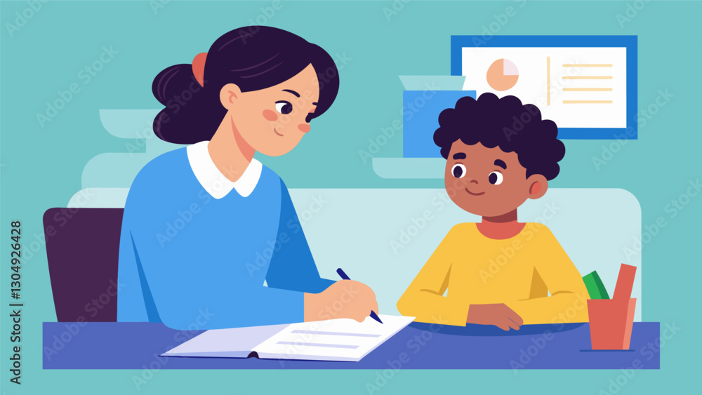 The teacher carefully reads over a students essay providing thoughtful feedback and suggestions during afterschool homework help ensuring the students writing skills continue to. Vector illustration The teacher carefully reads over a students essay providing thoughtful feedback and suggestions during afterschool homework help ensuring the students writing skills continue to. Vector illustration
