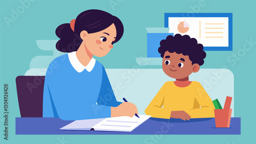 The teacher carefully reads over a students essay providing thoughtful feedback and suggestions during afterschool homework help ensuring the students writing skills continue to. Vector illustration