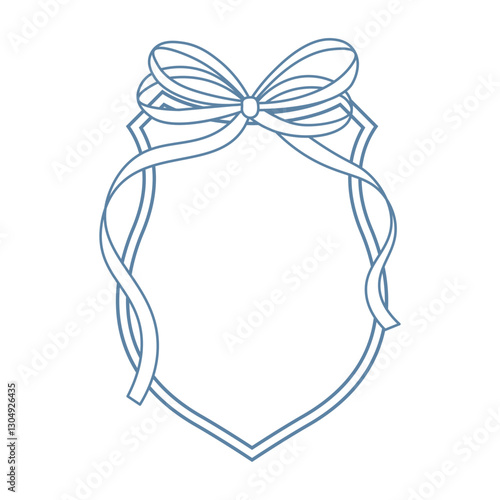 Wedding crests on white background. Minimalist outline of a shield with ribbon and bow monogram. Line art for wedding, monogram, invitation, greeting, logo, birthday cards