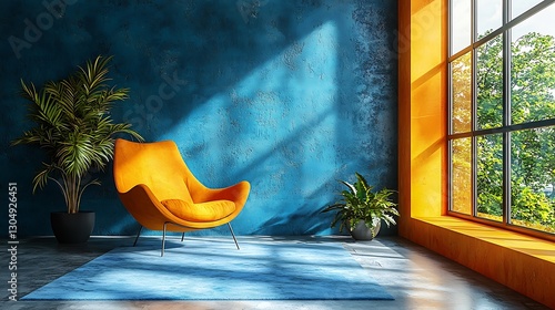 Modern Living Room Interior Design Yellow Armchair Blue Wall Plants Sunlit Window