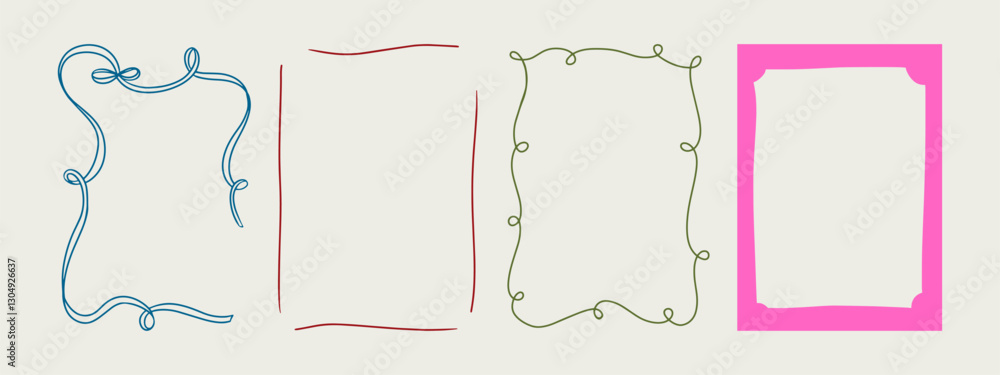 Set of elegant whimsical hand-drawn pink blue orange green color frames with wavy squiggle curly ribbons in trendy, vintage styles. Perfect for quirky holiday, wedding, birthday gift decorations