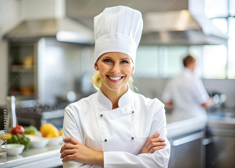 A cheerful female chef smiles in her white uniform, radiating passion for cooking. Set in a vibrant kitchen, she embodies professionalism and creativity in culinary arts. A cheerful female chef smiles in her white uniform, radiating passion for cooking. Set in a vibrant kitchen, she embodies professionalism and creativity in culinary arts.