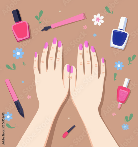 Hands with pink nails surrounded by manicuring supplies