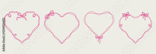 Set of elegant whimsical hand-drawn pink red color heart shape frames with wavy squiggle curly ribbons in trendy, vintage styles. Perfect for quirky holiday, wedding, birthday gift decorations