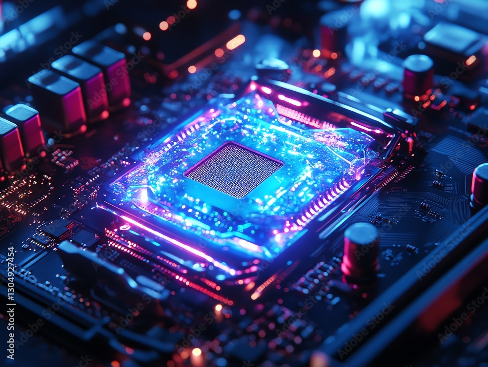 Hightech motherboard with CPU chip, frosty ice sheath microchips, smart processor, artificial intelligence processor, and futuristic computer data technology background Hightech motherboard with CPU chip, frosty ice sheath microchips, smart processor, artificial intelligence processor, and futuristic computer data technology background