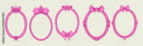 Hand-drawn vector frame with elegant bows and ribbons in a minimalist, girly style. Perfect for wedding invitations, birthday cards. Includes pink, boho, and baroque elements in a classic, feminine 