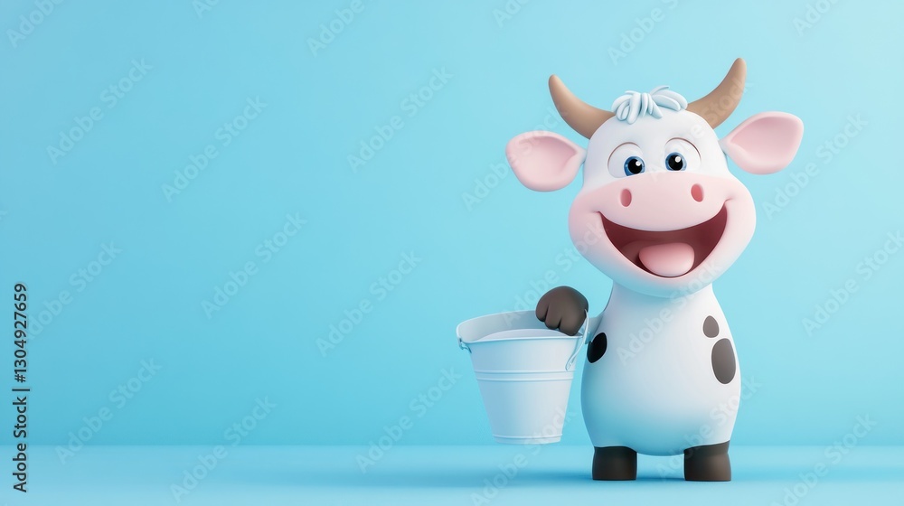 Fototapeta premium Cute cartoon cow holding milk pail on light blue background