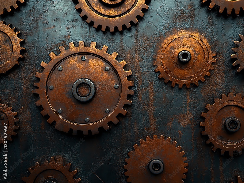 Industrial gears and cog wheels, horizontal layout, steampunk style on a metal background, technical texture, digital illustration for a website header or wallpaper design Industrial gears and cog wheels, horizontal layout, steampunk style on a metal background, technical texture, digital illustration for a website header or wallpaper design