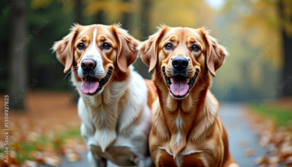 Two Happy Golden Retriever Dogs Sitting Together in Autumn Park Two Happy Golden Retriever Dogs Sitting Together in Autumn Park