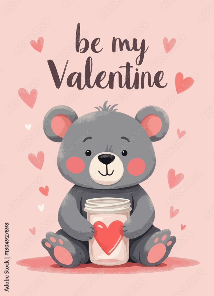 Gray cartoon bear holding heart-adorned Valentine's gift Gray cartoon bear holding heart-adorned Valentine's gift