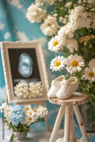 Sweet Arrival Baby Shoes Ultrasound and Daisies