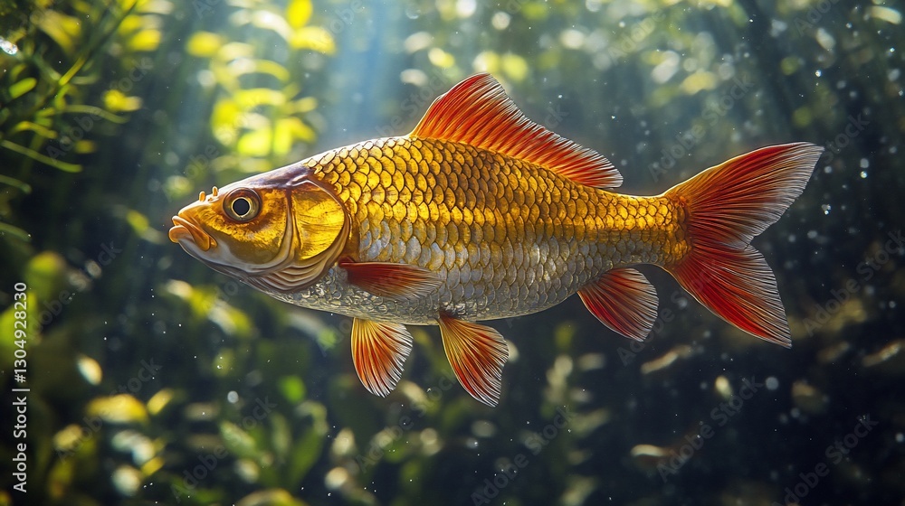 Golden fish swimming in aquarium, plants background, pet Golden fish swimming in aquarium, plants background, pet