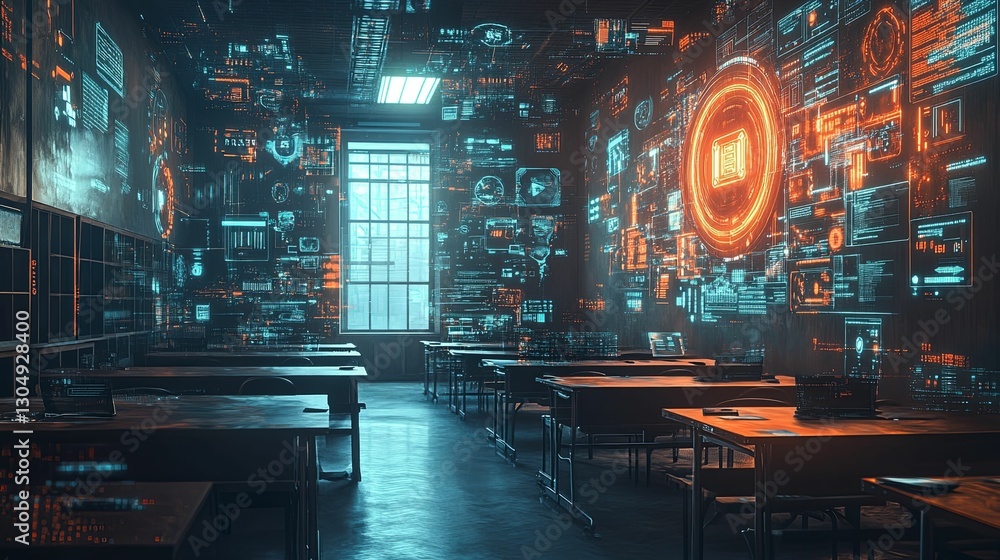 Obraz premium Futuristic Classroom Holographic Data Interfaces Education