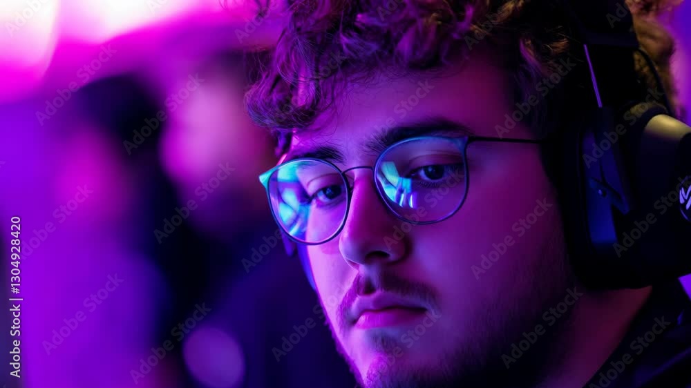 A focused esports player in gaming headphones competes in a neon-lit environment with intense concentration A focused esports player in gaming headphones competes in a neon-lit environment with intense concentration